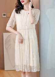 New Chinese Style Beige Embroidered Silk Dresses Summer