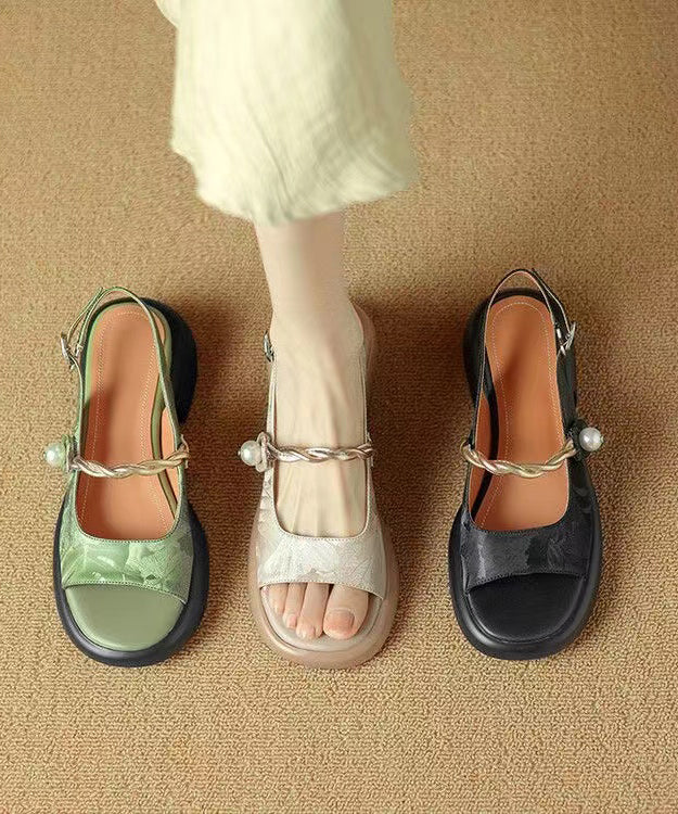 New Chinese Style Green Chunky Heel Retro Sandals Peep Toe