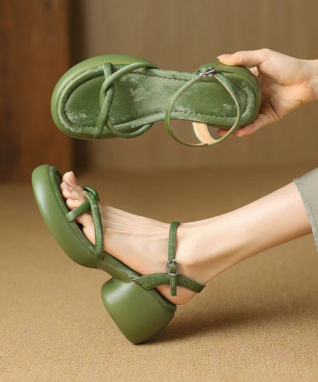 New Chinese Style Green Chunky Heel Sandals Peep Toe