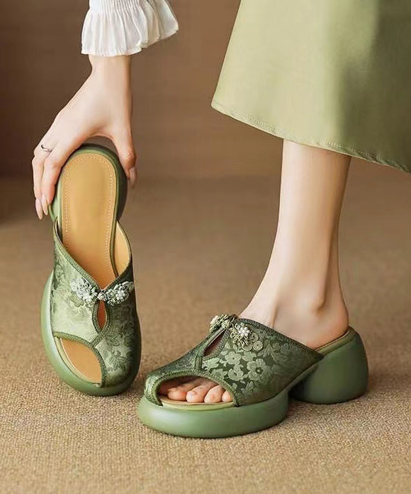 New Chinese Style Green Embroidered Chunky Heel Slide Sandals