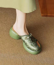 New Chinese Style Green Embroidered Chunky Heel Slide Sandals