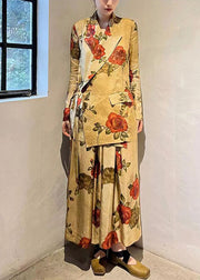 New Chinese Style Notched Rose Print Cotton Two Pieces Spring