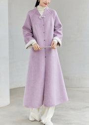 New Chinese Style Purple V Neck Button Patchwork Loose Woolen Coats Winter