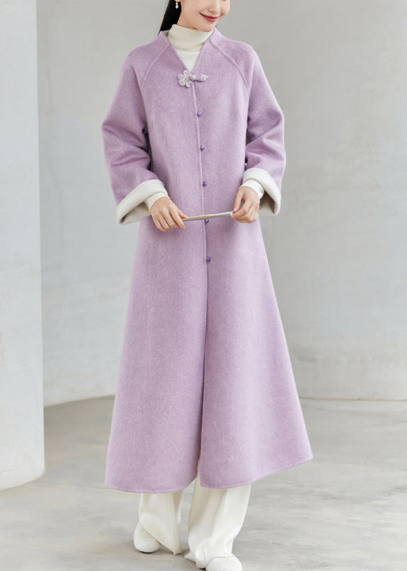 New Chinese Style Purple V Neck Button Patchwork Loose Woolen Coats Winter