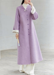 New Chinese Style Purple V Neck Button Patchwork Loose Woolen Coats Winter