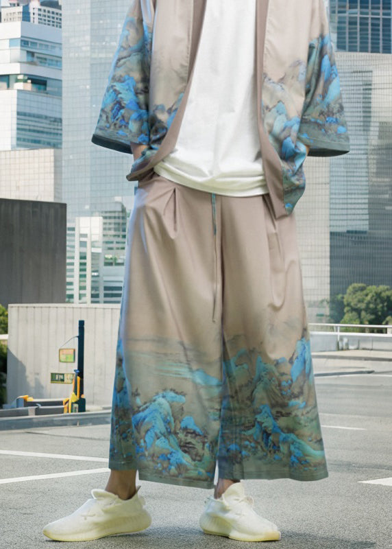 New Chinese Style Thousand Mile Jiangshan Printed Men Wide Leg Pants