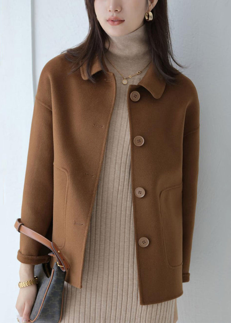 New Coffee Button Pockets Patchwork Woolen Coat Long Sleeve