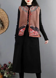 New Coffee Embroideried Button Patchwork Teddy Faux Fur Waistcoat Fall