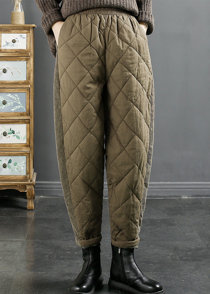 New Coffee High Waist Patchwork Cotton Filled Pants Winter