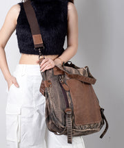 New Coffee Large Capacity Cowhide Spliced Canvas Satchel Bag Handbag