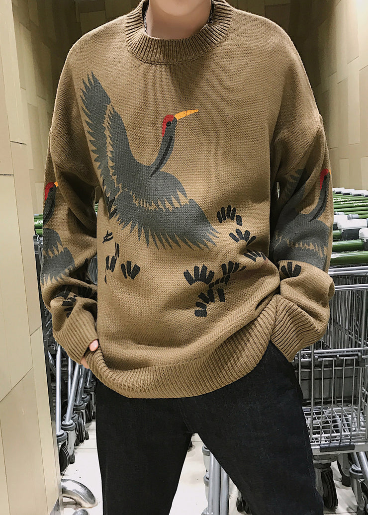 New Coffee O Neck Print Knit Mens Sweater Winter