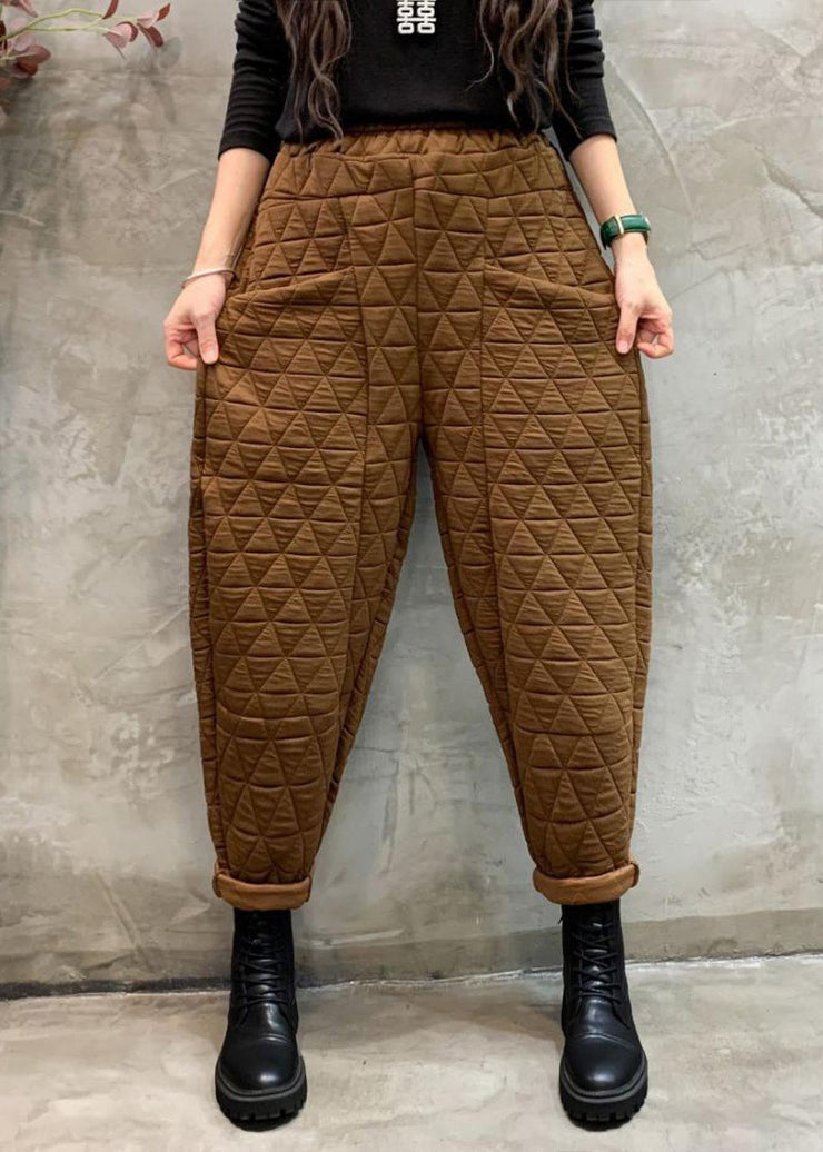 New Coffee Pockets Elastic Waist Cotton Filled Harem Pants Winter