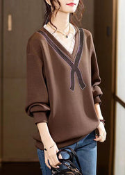 New Coffee Ruffled Zircon Patchwork Cotton Sweatshirt Fall