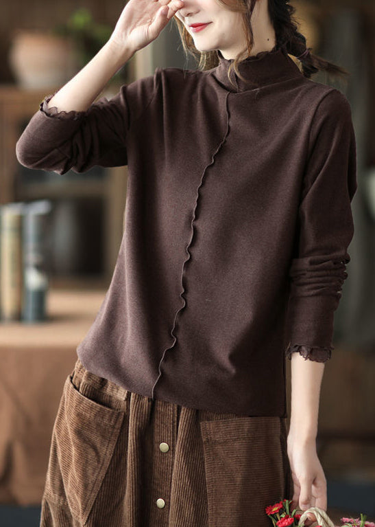 New Coffee Turtleneck Ruffled Patchwork Cotton Top Long Sleeve