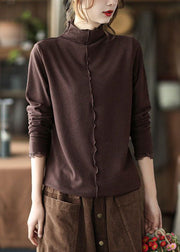 New Coffee Turtleneck Ruffled Patchwork Cotton Top Long Sleeve