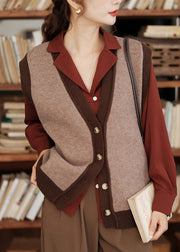 New Coffee V Neck Button Patchwork Cotton Knit Waistcoat Sleeveless