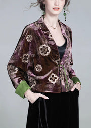 New Coffee V Neck Button Print Silk Velour Coats Winter