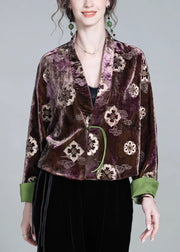 New Coffee V Neck Button Print Silk Velour Coats Winter