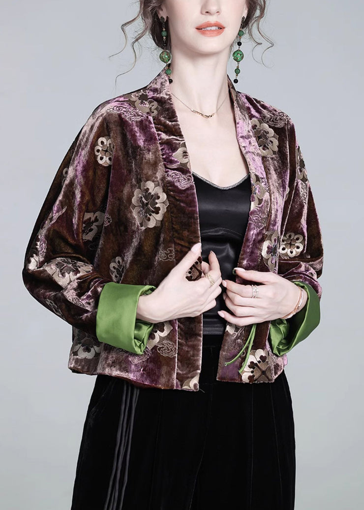 New Coffee V Neck Button Print Silk Velour Coats Winter