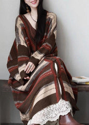 New Coffee V Neck Striped Button Patchwork Cozy Knit Loose Coat Fall