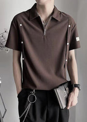 New Coffee Zip Up Solid Cotton Men Polo Shirt Summer