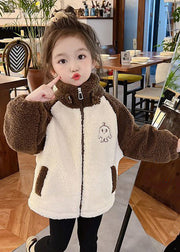 New Coffee Zippered Pockets Patchwork Fluffy Girls Coat Long Sleeve