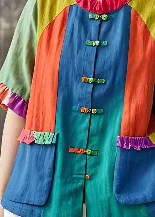 New Colorblock Ruffled Pockets Chinese Button Cotton Blouses Summer