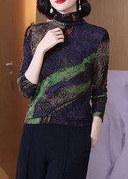 New Colorblock Turtleneck Print Wool Top Long Sleeve