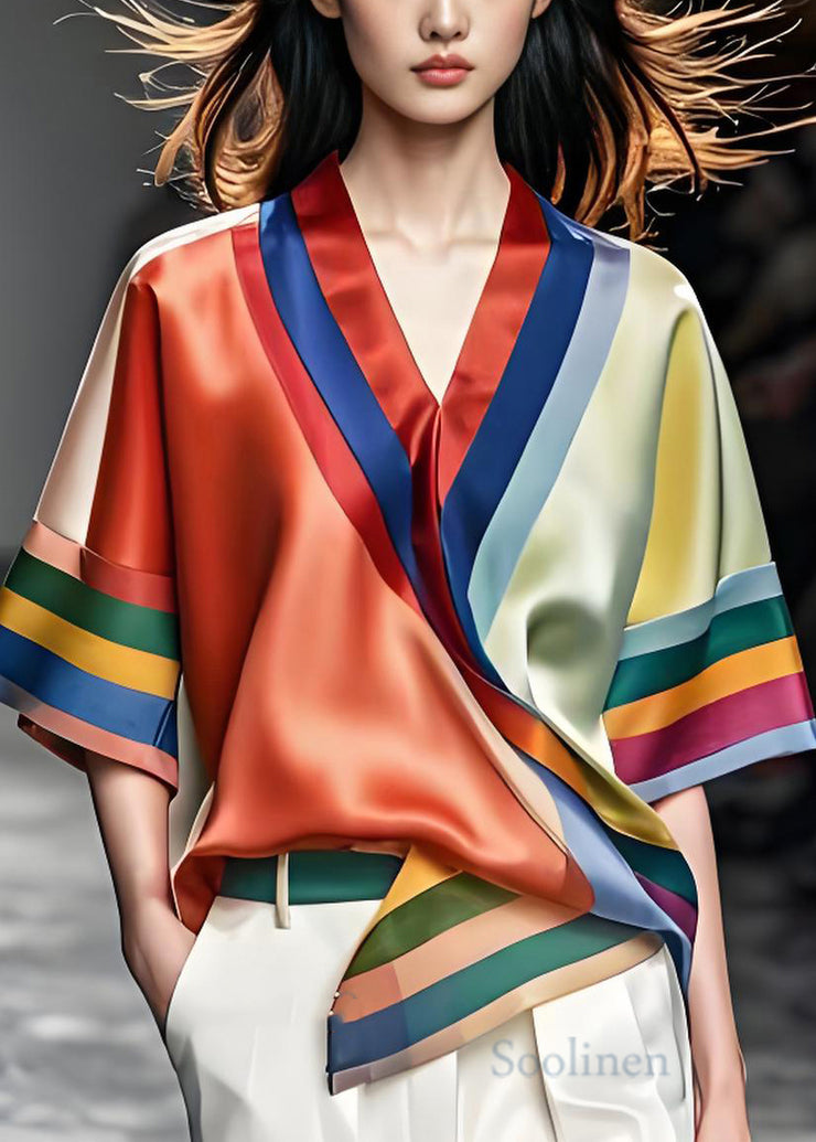 New Colorblock V Neck Asymmetrical Design Silk Shirt Summer