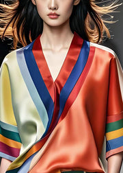 New Colorblock V Neck Asymmetrical Design Silk Shirt Summer