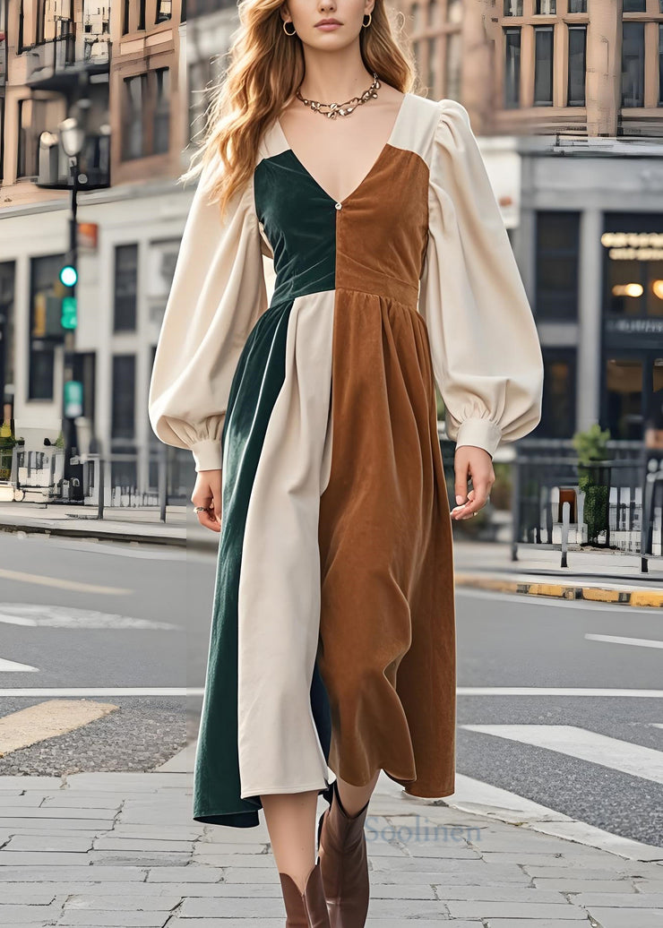 New Colorblock V Neck Patchwork Corduroy Long Dresses Lantern Sleeve