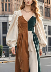 New Colorblock V Neck Patchwork Corduroy Long Dresses Lantern Sleeve