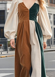 New Colorblock V Neck Patchwork Corduroy Long Dresses Lantern Sleeve