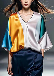 New Colorblock V Neck Patchwork Silk Shirt Bracelet Sleeve