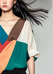 New Colorblock V Neck Patchwork Silk Shirts Half Sleeve