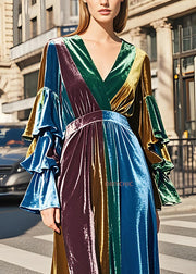 New Colorblock V Neck Patchwork Velvet Long Dress Butterfly Sleeve