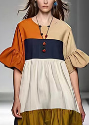 New Colorblock Wrinkled Patchwork Cotton Dresses Half Sleeve