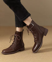 New Cowhide Leather Boots Zippered Lace Up Splicing Brown