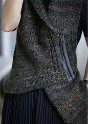 New Dark Gray Asymmetrical Zippered Cotton Knit Waistcoat Sleeveless