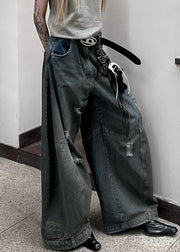 New Dark Gray Hole Pockets Denim Wide Leg Pants Summer