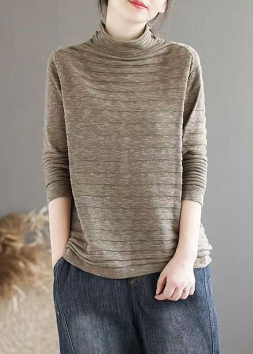 New Dark Khaki Turtleneck Patchwork Knitting Cotton Long Sleeve