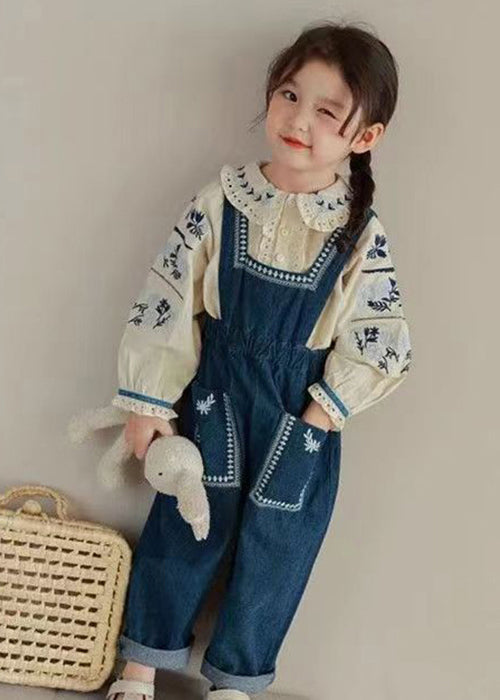 New Embroideried Ruffled Shirts And Denim Pants Girls Two Pieces Set Fall