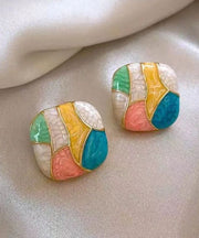 New Fashion Alloy Enamel Square Contrast Color Stud Earrings Female Sweet