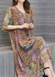 New Floral V Neck Patchwork Chiffon Mid Dress Summer