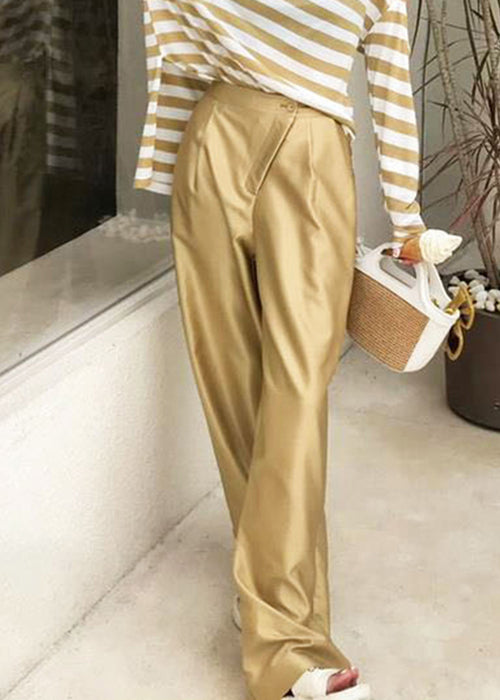 New Gold Button Pockets High Waist Silk Pants Summer