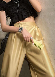 New Gold Button Pockets High Waist Silk Pants Summer