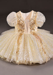 New Gold Sequins Wrinkled Bow Patchwork Tulle Kids Girls Party Dress Summer