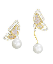 New Gold Sterling Silver Overgild Zircon Pearl Asymmetrical Butterfly Tassel Drop Earrings