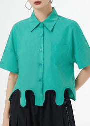 New Green Asymmetrical Button Patchwork Cotton Blouse Top Short Sleeve