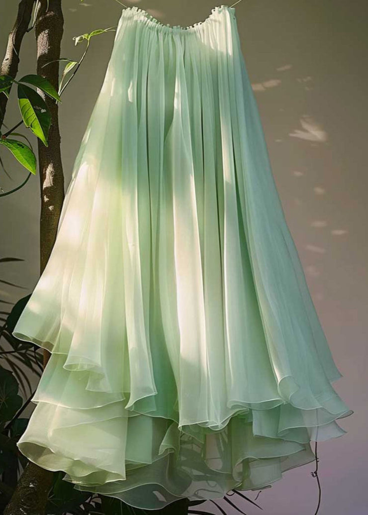 New Green Asymmetrical Elastic Waist Chiffon Pleated Skirt Summer